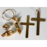 Two 9ct gold crosses twinned with 9ct gold scrap i