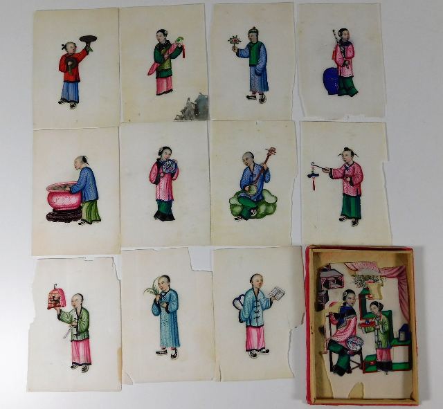 Twelve antique Chinese rice paper paintings with c