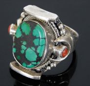 A silver ring set with turquoise & coral 17.9g siz