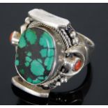A silver ring set with turquoise & coral 17.9g siz