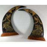 A pair of Chinese carved water buffalo horns, moun