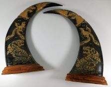 A pair of Chinese carved water buffalo horns, moun