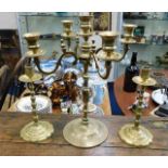 A brass four branch candelabra 14.5in H & a pair o