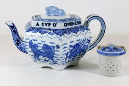 A Victorian blue & white teapot with motto "We'll