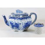 A Victorian blue & white teapot with motto "We'll