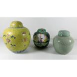 A Chinese celadon ginger jar twinned with two othe