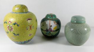 A Chinese celadon ginger jar twinned with two othe