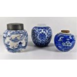 Three Chinese ginger jars, two lacking covers, one