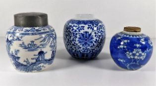 Three Chinese ginger jars, two lacking covers, one