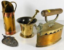 A brass iron, a trench art style scuttle & a bronze mortar & pestle