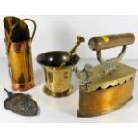 A brass iron, a trench art style scuttle & a bronze mortar & pestle