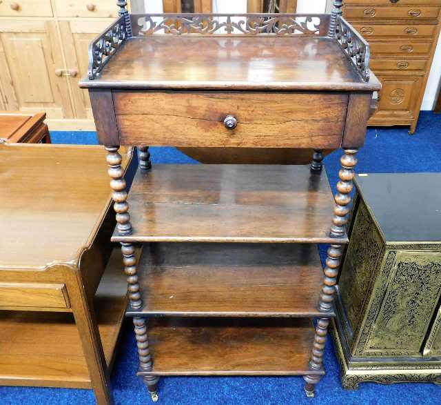 A 19thC. rosewood whatnot with bobbin supports & g