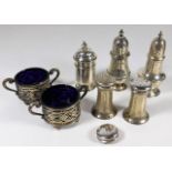 Five silver pepper pots & a glass lined silver sal