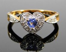 A 9ct gold ring with heart shaped crown set with 0.15ct diamonds & tanzanite 2.9g size R