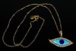 An 18ct gold chain & pendant set with approx. 0.4ct diamonds with a turquoise, lapis & onyx style ey