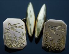 A 9ct gold pair of cufflinks with chased swallow d