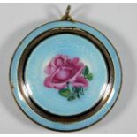 A French silver enamelled snuff box pendant with hand painted rose signed G.A. 1.75in wide 24.85g