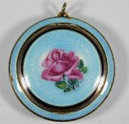 A French silver enamelled snuff box pendant with hand painted rose signed G.A. 1.75in wide 24.85g