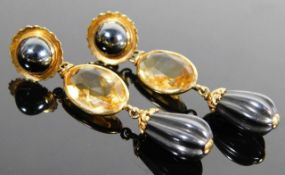 A pair of 9ct gold drop earrings set with hematite, onyx & citrine 10.8g, 5cm drop