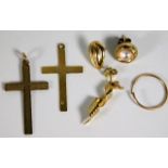 Two 9ct gold crosses twinned with 9ct gold scrap i