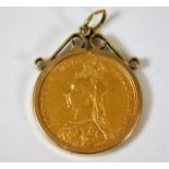 A 9ct gold mounted 1888 Victorian full gold sovere