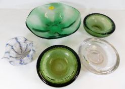 Three Whitefriars dishes, an early 20thC. green bo