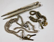 A silver Albert chain, one other chain & two plate
