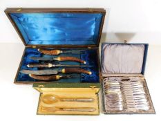 A cased set of horned handle carving knives, a sil