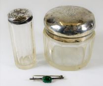 Two silver topped jars & a silver brooch, silver c