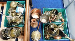 Two trays of various brass & copper style wares &