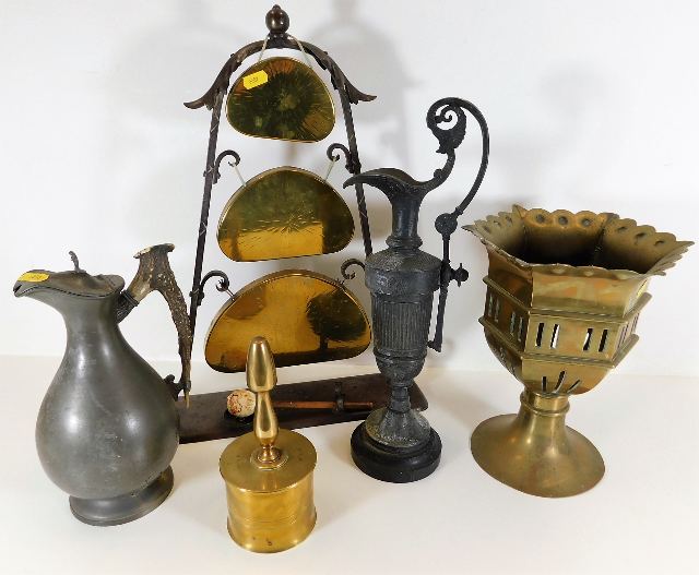 A heavy gauge brass urn twinned with a brass dinne