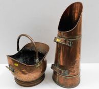 A copper coal scuttle & log bucket