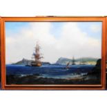 A large oil on panel by "Jason" (believed to be Jason Les Spence) depicting ships off Cornish coastl