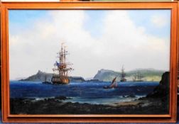 A large oil on panel by "Jason" (believed to be Jason Les Spence) depicting ships off Cornish coastl