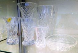 Five cut glass vases & a cut glass bowl