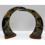 A pair of Chinese carved water buffalo horns, moun