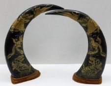 A pair of Chinese carved water buffalo horns, moun