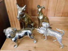 Three brass dog figures including seated greyhound