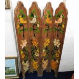 A painted four piece folding screen depicting bird