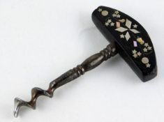 A 19thC. corkscrew inlaid with silver & mother of