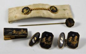 A pair of Japanese inlaid cufflinks, a tiepin & ot