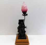 An oak mounted antique spelter figurative lamp wit