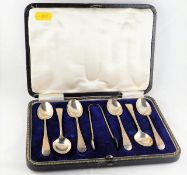 A cased silver teaspoon & tongs set by James Dixon