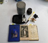 A Chinese pewter humidor, two antique books, an iv