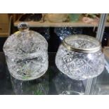 A cut glass jar & cover twinned with a cut glass r