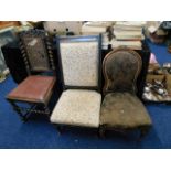 An antique walnut nursing chair a/f & two other an