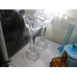 Two tall crystal glass candleholders 9.75in tall