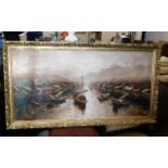 A framed Chinese oil painting of waterway scene