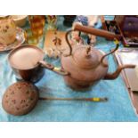 A Georgian copper kettle, a Georgian copper pan wi