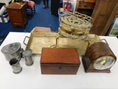 A 19thC. tea caddy, a brass pot warmer with trivet